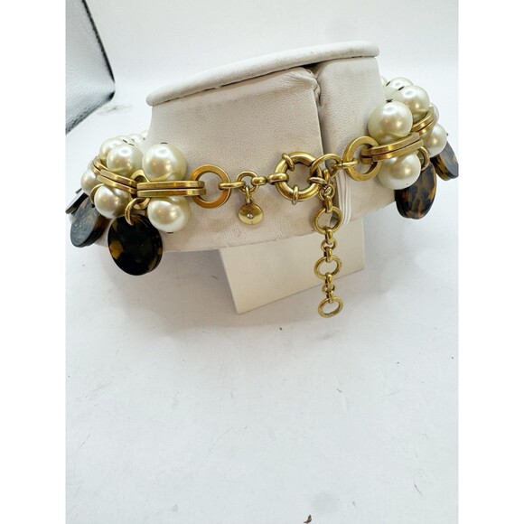 J. Crew Faux Pearl Chunky Necklace Tortoise Shell Dangles Brushed Gold Tone - Picture 8 of 8